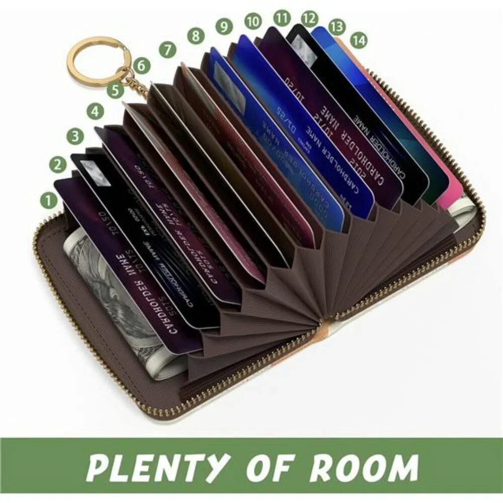 RFID leather credit card holder wallet slim boho leaves zipper small purse